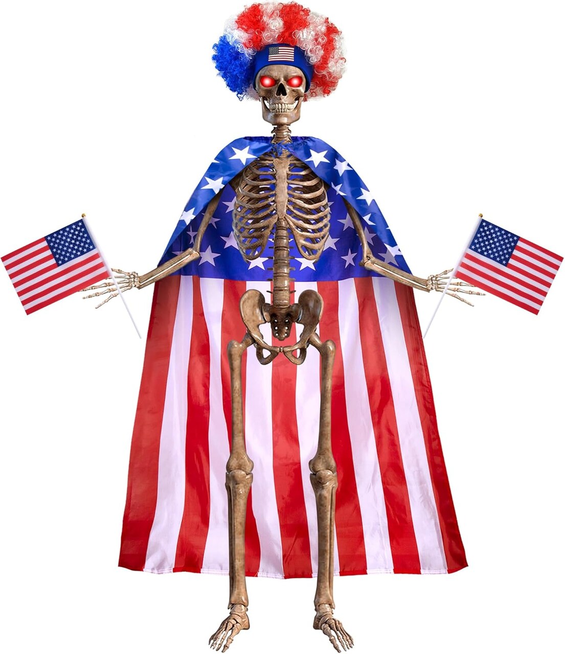 4th of July 6ft Skeleton Clothing Accessories, USA Flag, Fuzzy Wig, and Cape